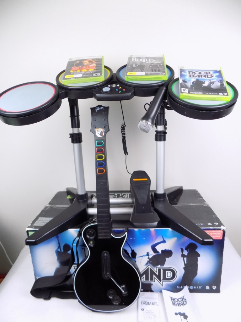 Boxed Xbox 360 Guitar Hero Rock Band Bundle Drum Guitar Mic 3x Games Starboard Games