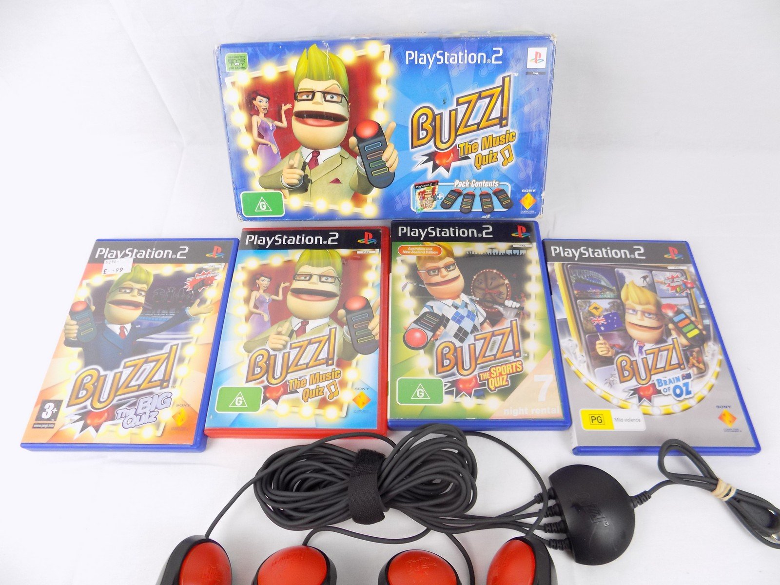 Huge Boxed Playstation Ps2 Buzz Bundle 4x Buzzers 4x Buzz Games