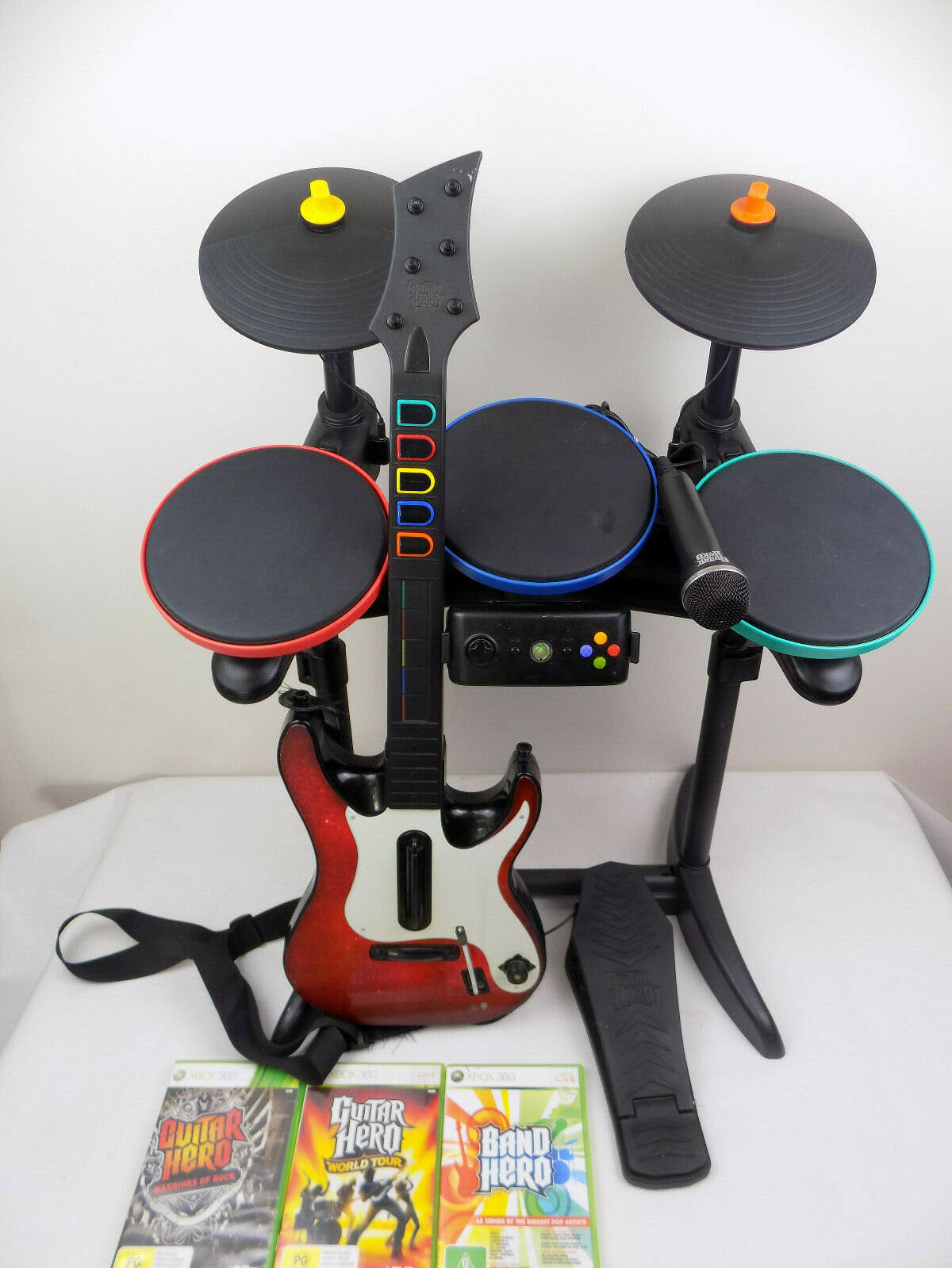 Like New Xbox 360 Guitar Hero Warriors of Rock Bundle Drum + Guitar + 3  Games