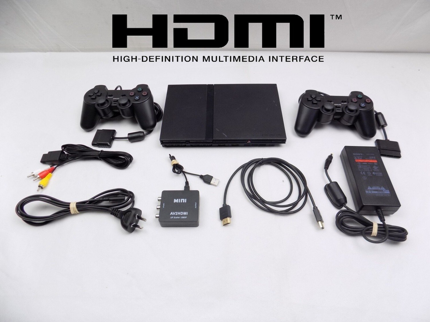 Ps2 Playstation 2 Black Slim Console Bundle (REGION FREE) + HDMI Converter + 2x Controllers