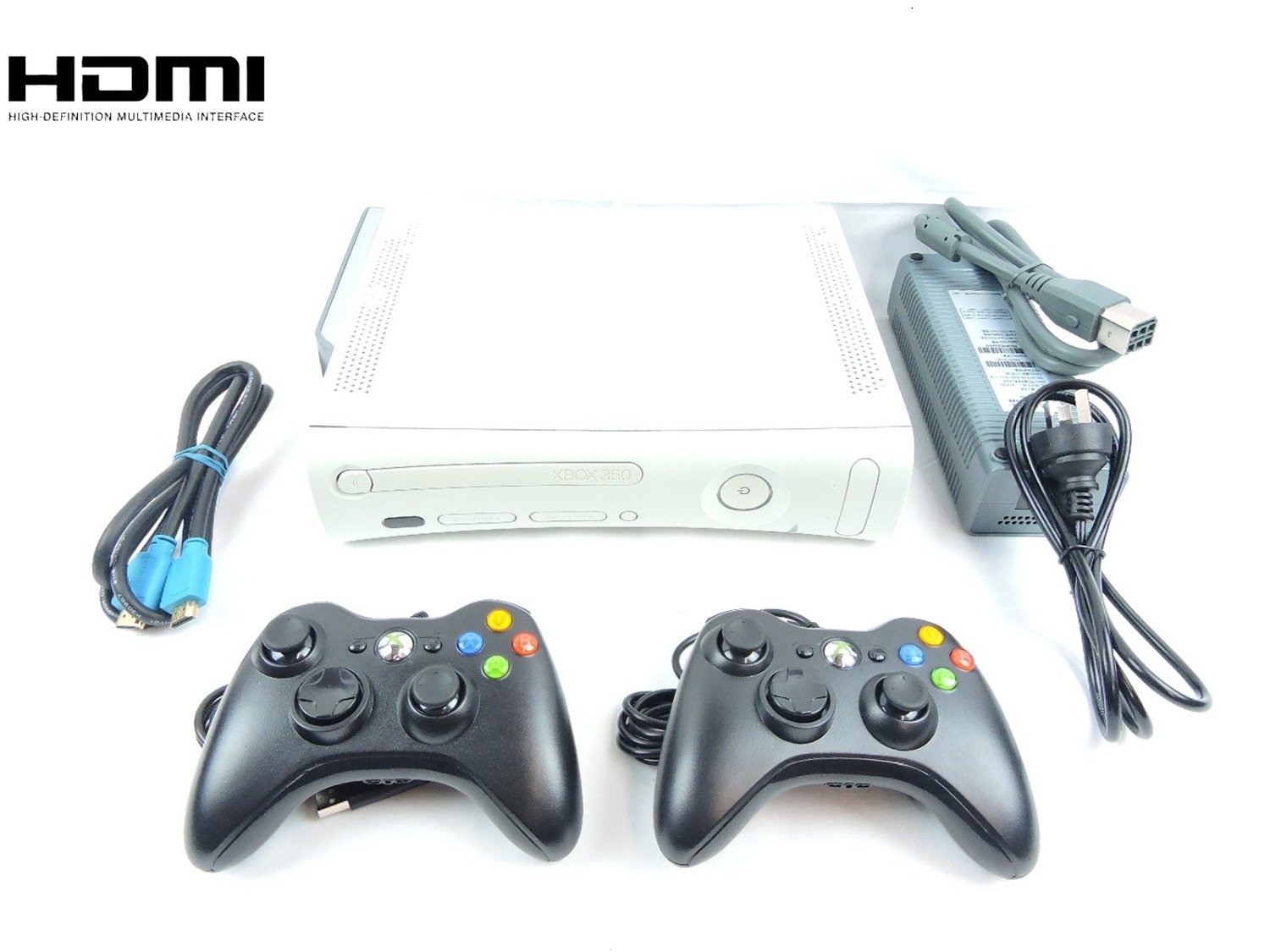 Xbox 360 Console Bundle + HDMI + 2x Genuine Wired Controller + Cables 60 GB