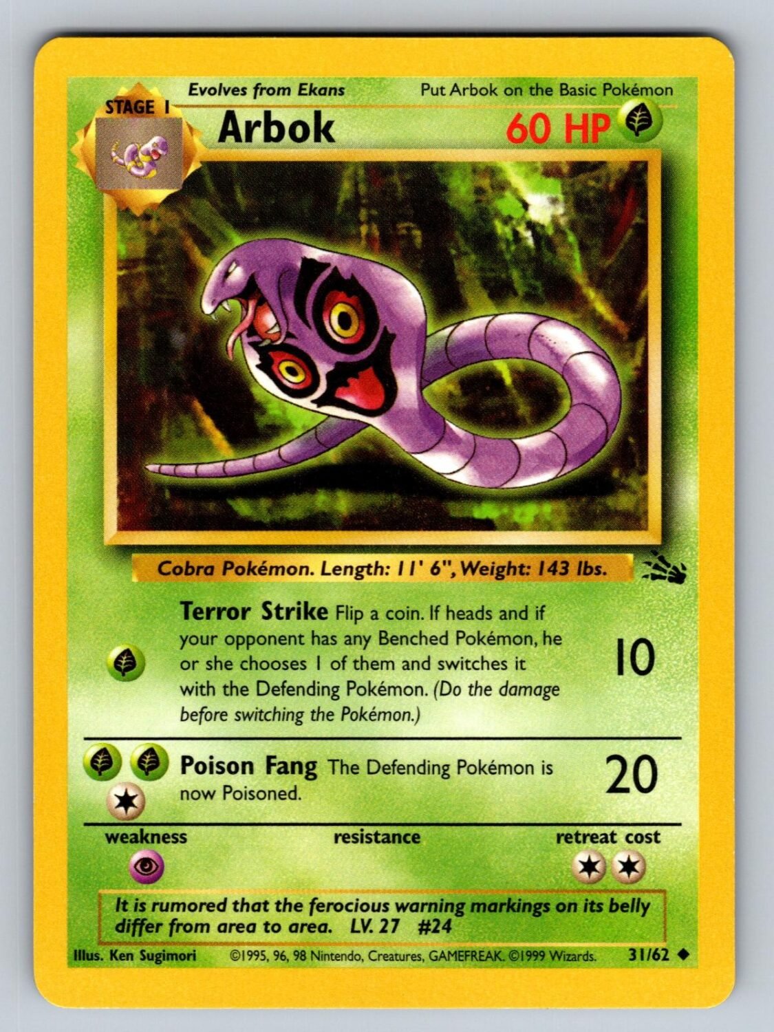 Arbok 31/62 NM/M Fossil UC Pokemon Unlimited T02680